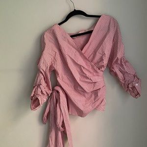 Zara Red Pinstripe Tie Blouse